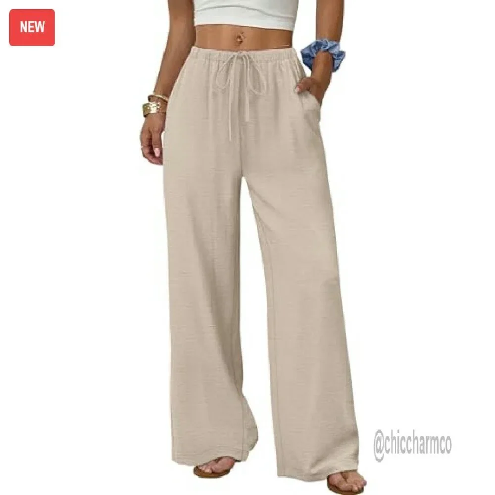 Wide Leg Palazzo Pants with Pockets Drawstring Elastic Waist Flowy Trousers - Picture 2 of 8